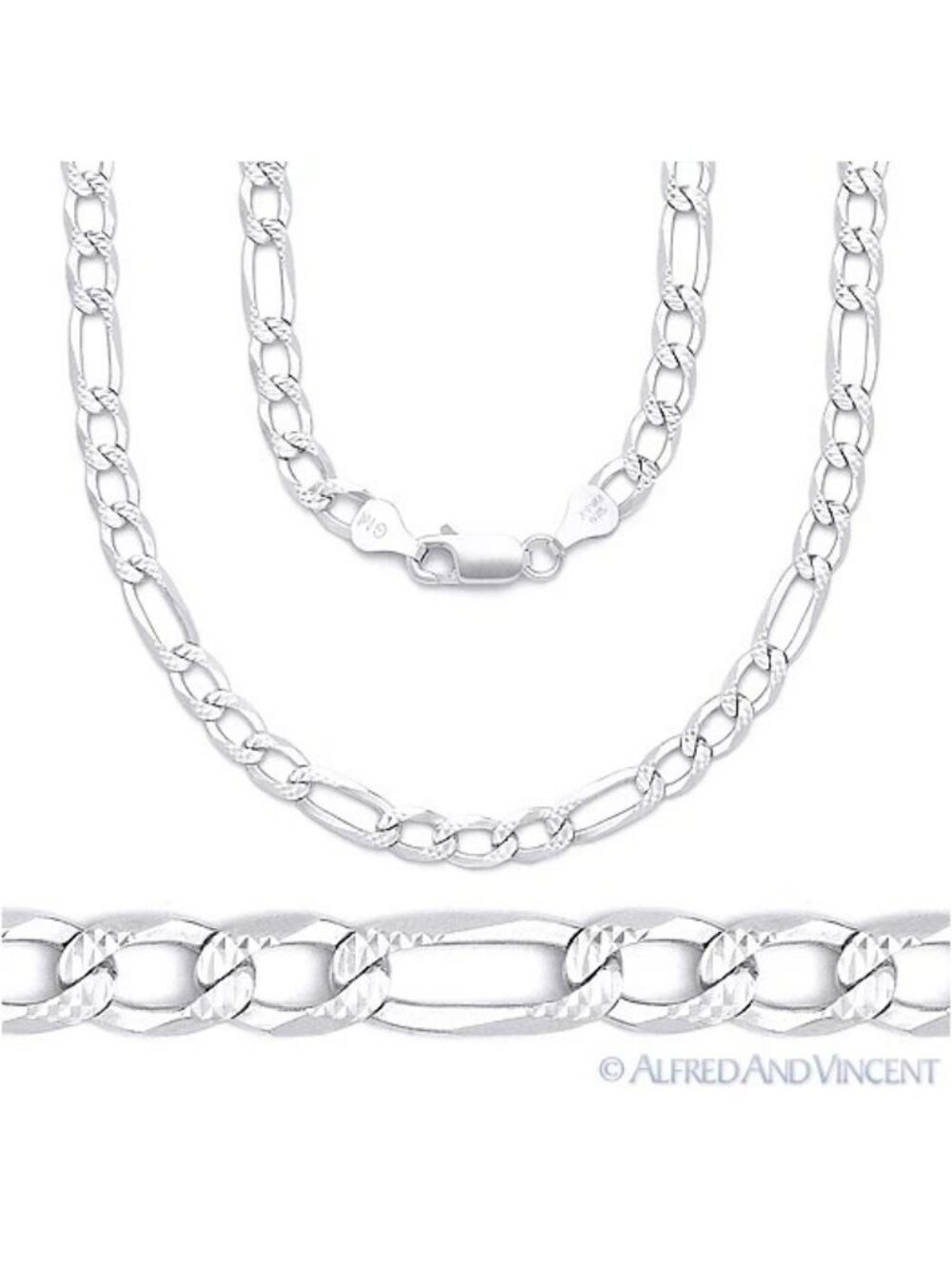 5mm Figaro / Figaroa D-Cut Pave Link Chain Necklace in .925 Sterling Silver 20"